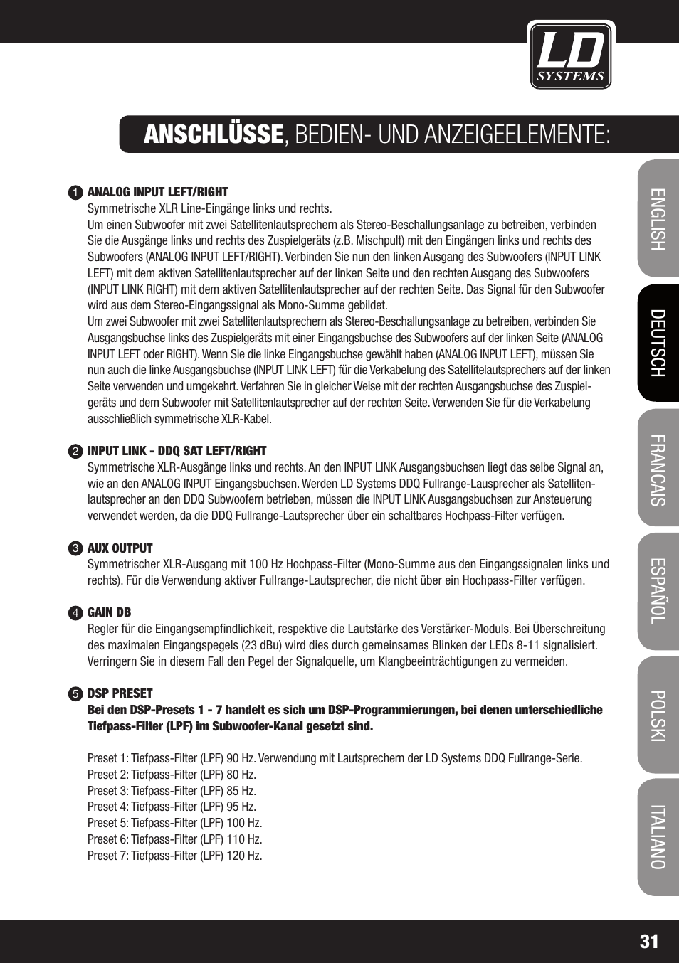 Anschlüsse , bedien- und anzeigeelemente | LD Systems DDQ SUB 18 User Manual | Page 31 / 136