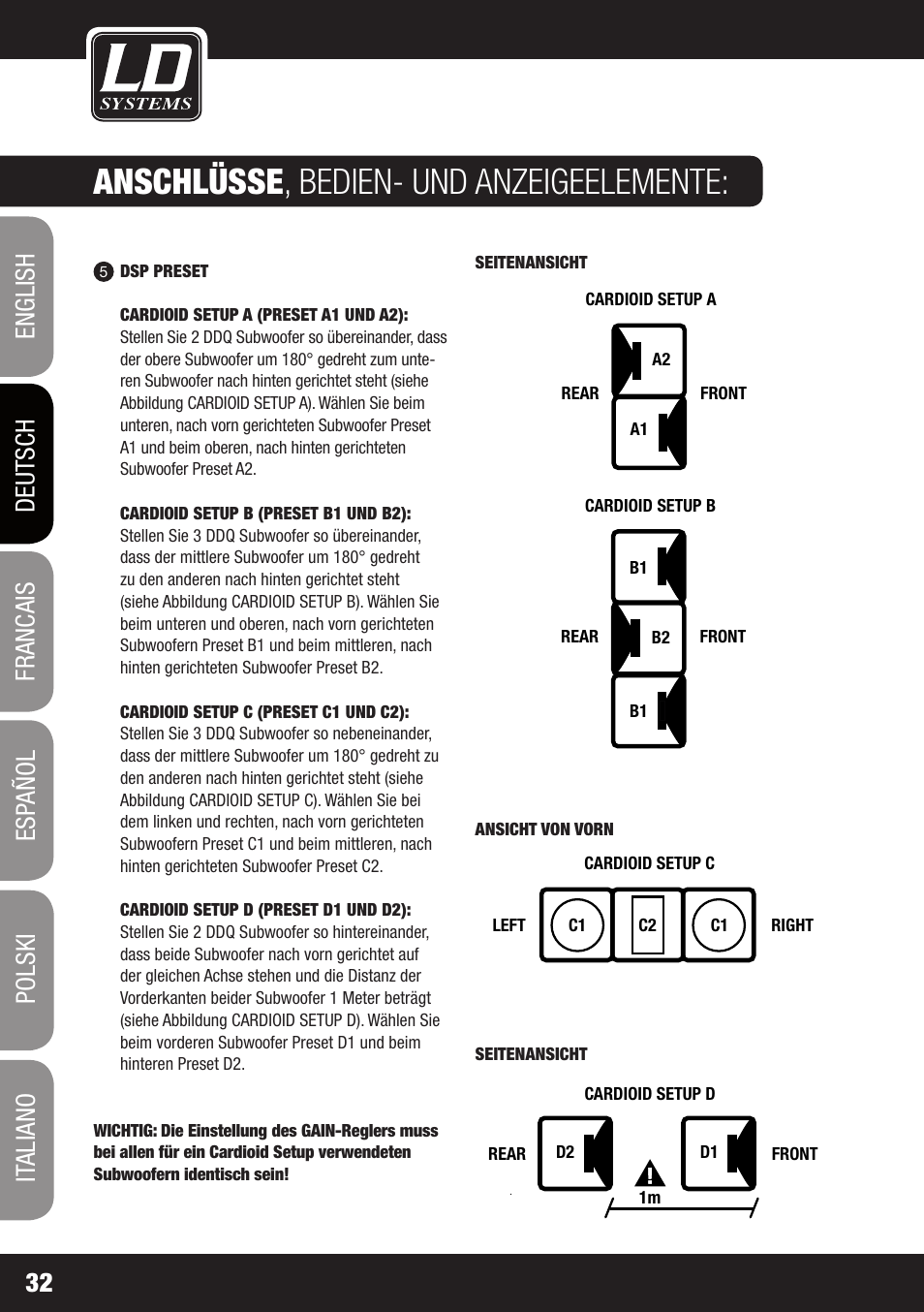 Dd o sub 18, Anschlüsse , bedien- und anzeigeelemente | LD Systems DDQ SUB 18 User Manual | Page 32 / 136