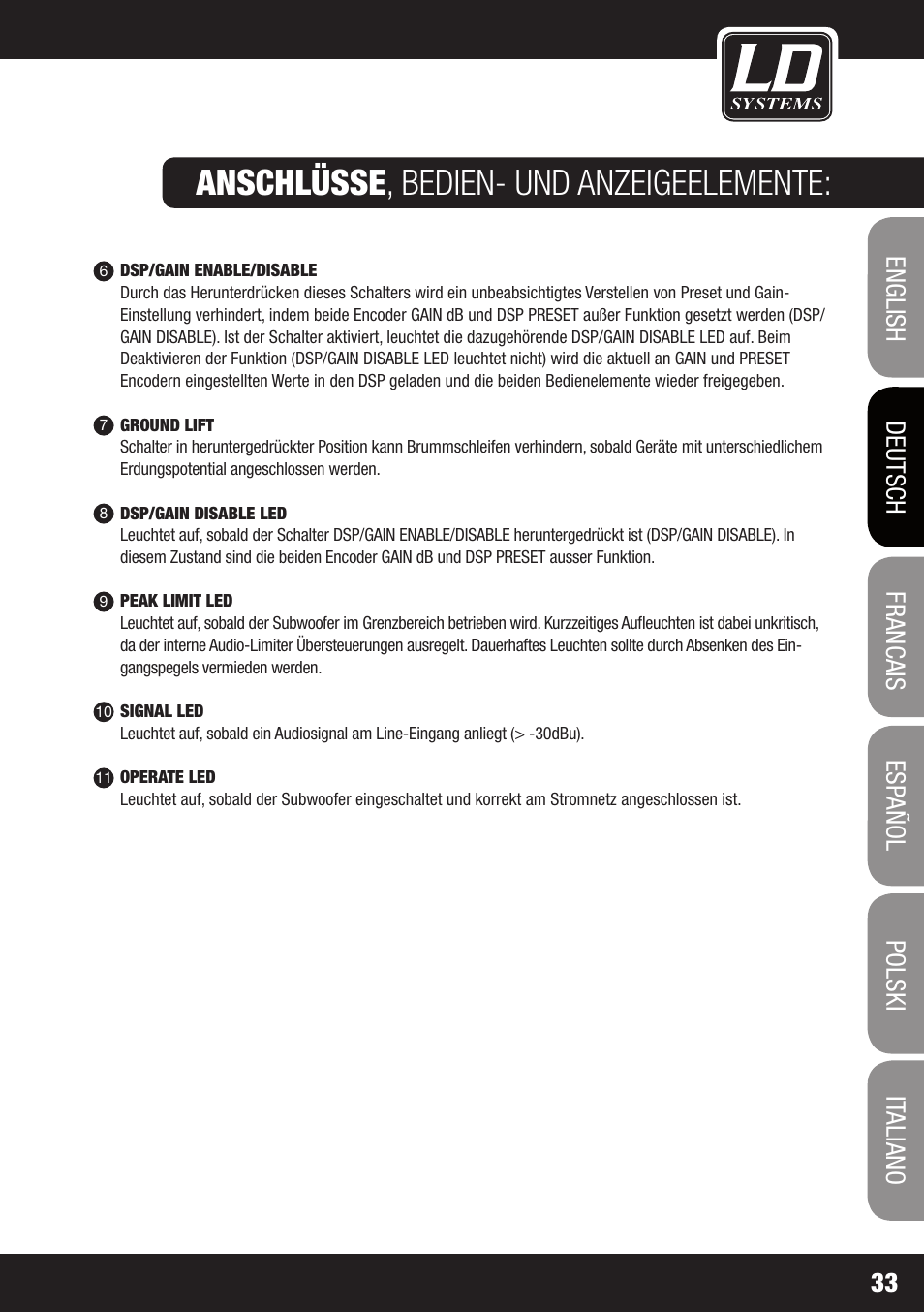 Anschlüsse , bedien- und anzeigeelemente | LD Systems DDQ SUB 18 User Manual | Page 33 / 136