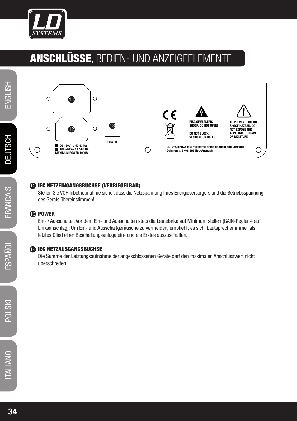 Dd o sub 18, Anschlüsse , bedien- und anzeigeelemente | LD Systems DDQ SUB 18 User Manual | Page 34 / 136