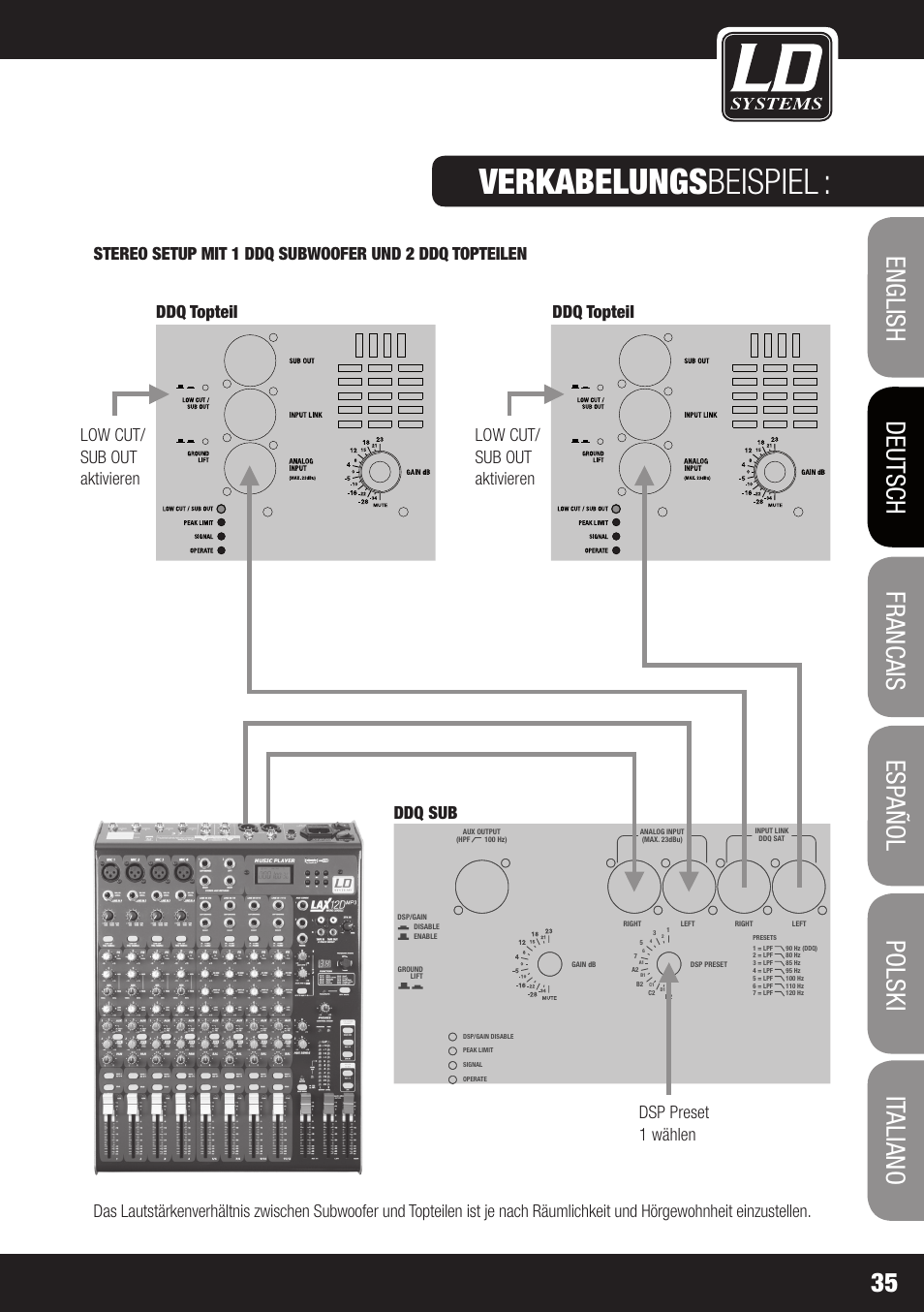 Dd o sub 18, Low cut/ sub out aktivieren | LD Systems DDQ SUB 18 User Manual | Page 35 / 136