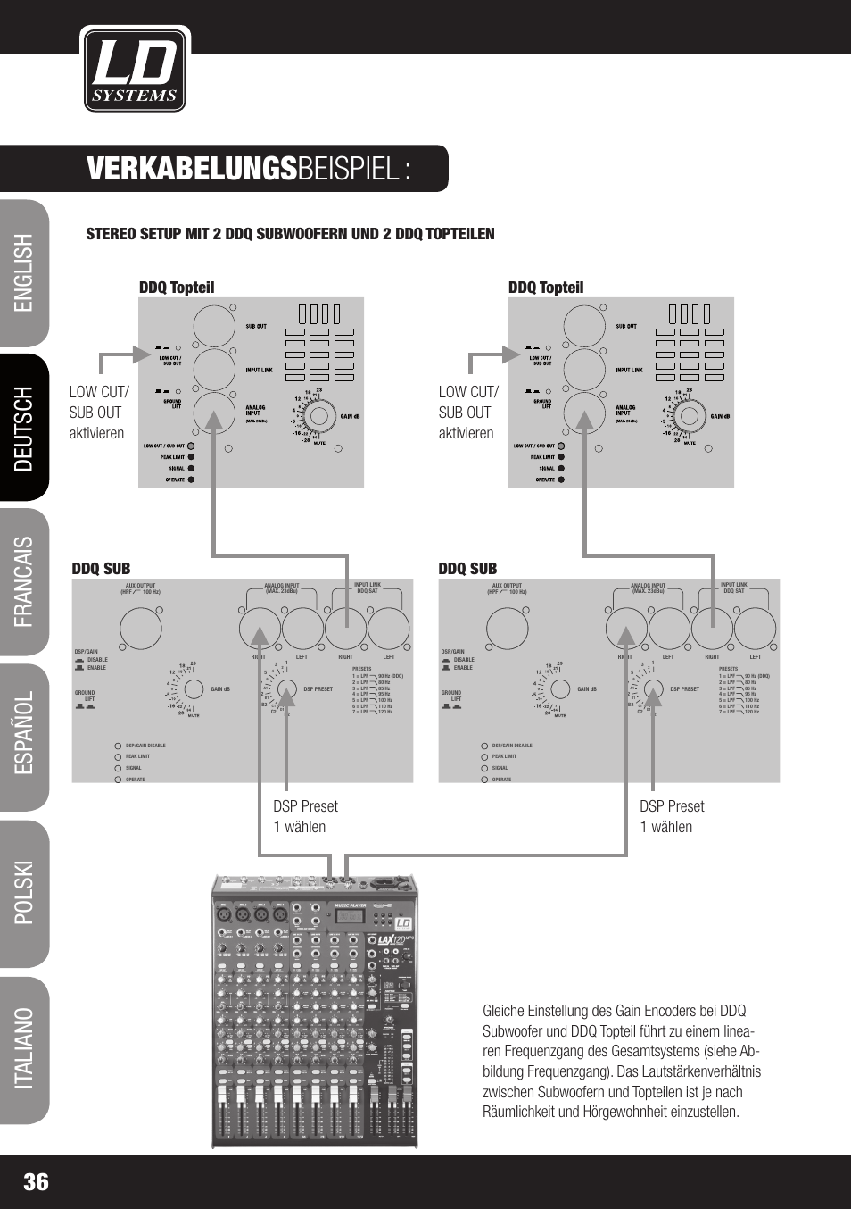 Verkabelungs beispiel, Dd o sub 18 | LD Systems DDQ SUB 18 User Manual | Page 36 / 136