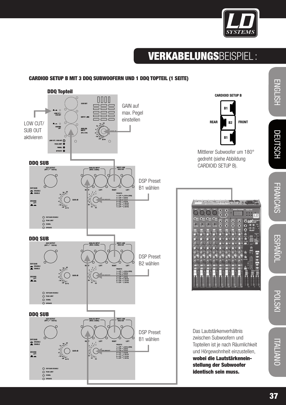 Verkabelungs beispiel, Dd o sub 18, Dsp preset | Left right left, Ground lift, Dsp/gain disable enable, Input link ddq sat, 1m d2 d1 | LD Systems DDQ SUB 18 User Manual | Page 37 / 136