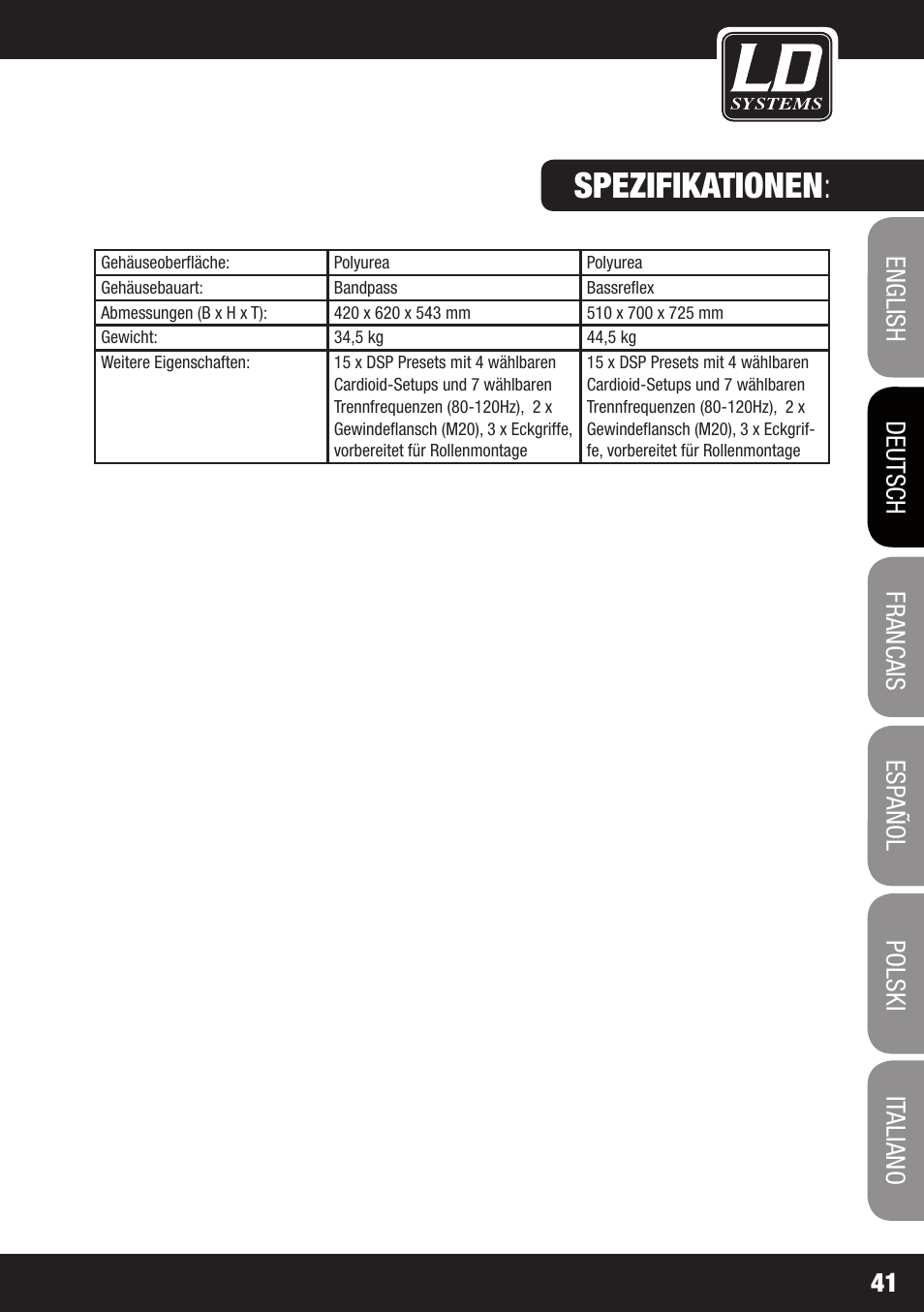 Spezifikationen | LD Systems DDQ SUB 18 User Manual | Page 41 / 136