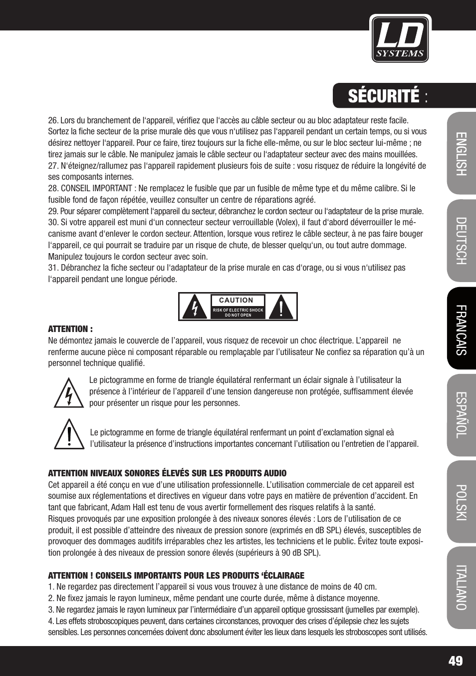 Sécurité | LD Systems DDQ SUB 18 User Manual | Page 49 / 136