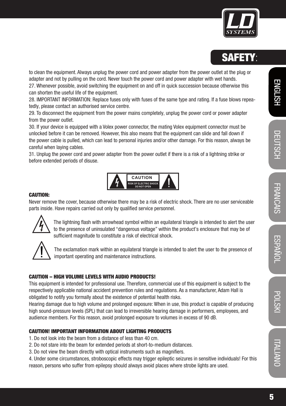 Safety | LD Systems DDQ SUB 18 User Manual | Page 5 / 136