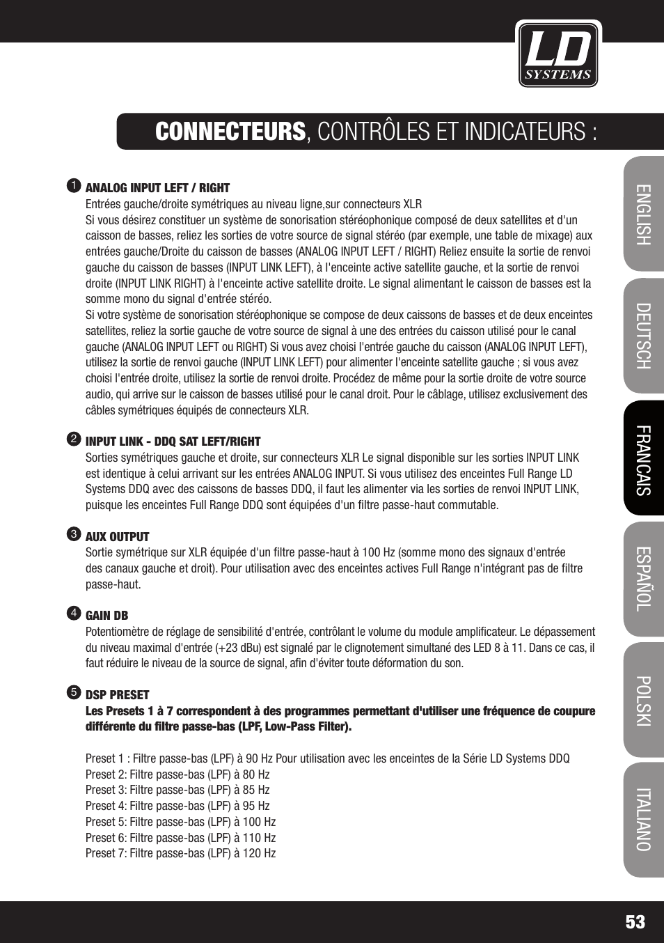 Connecteurs , contrôles et indicateurs | LD Systems DDQ SUB 18 User Manual | Page 53 / 136