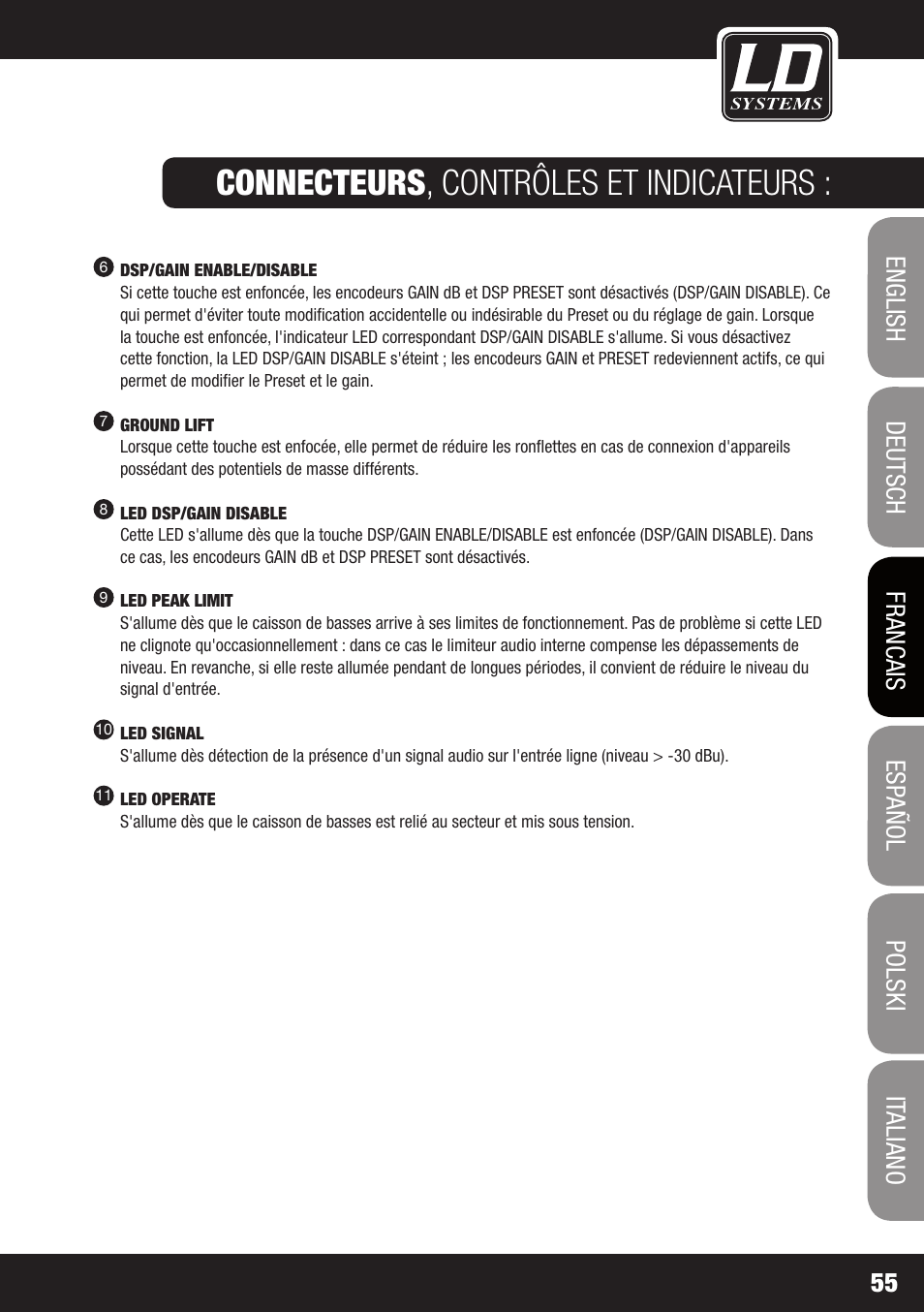 Connecteurs , contrôles et indicateurs | LD Systems DDQ SUB 18 User Manual | Page 55 / 136