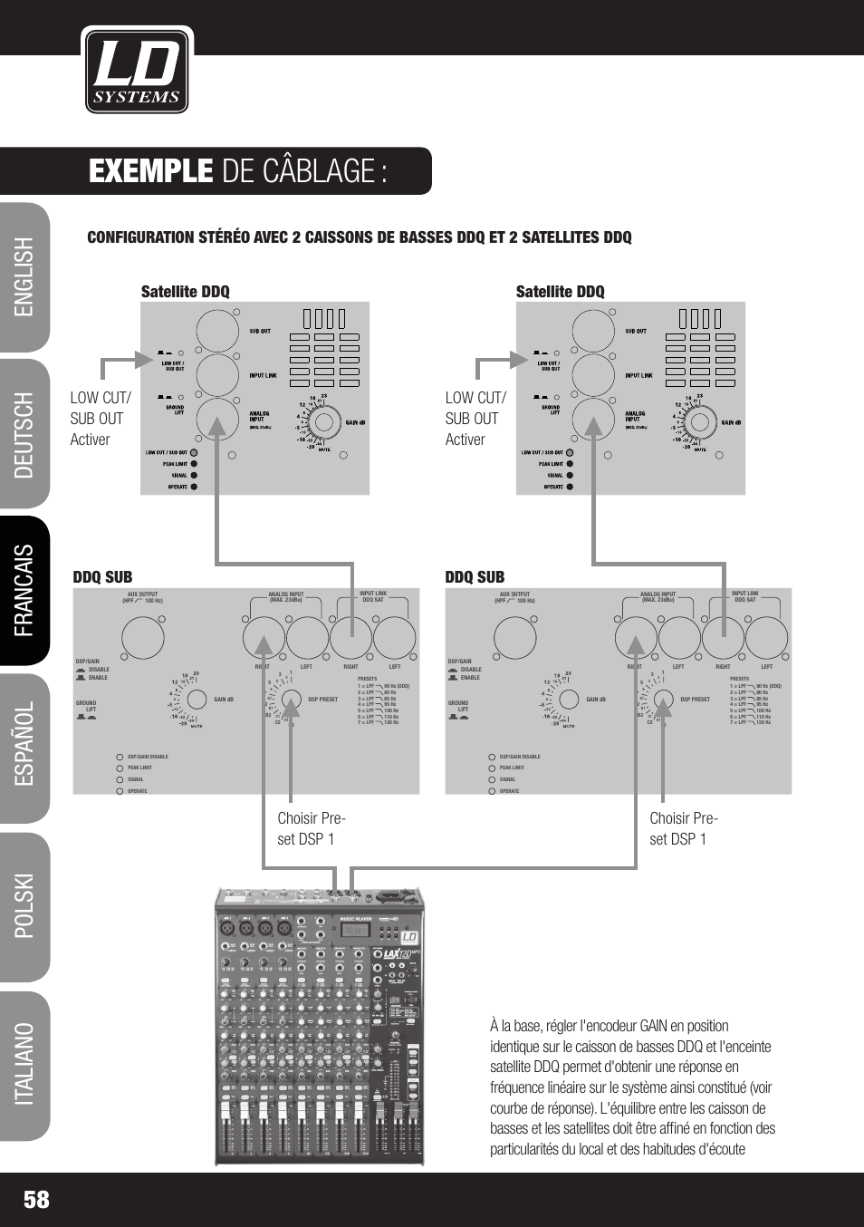 Exemple de câblage, Dd o sub 18 | LD Systems DDQ SUB 18 User Manual | Page 58 / 136