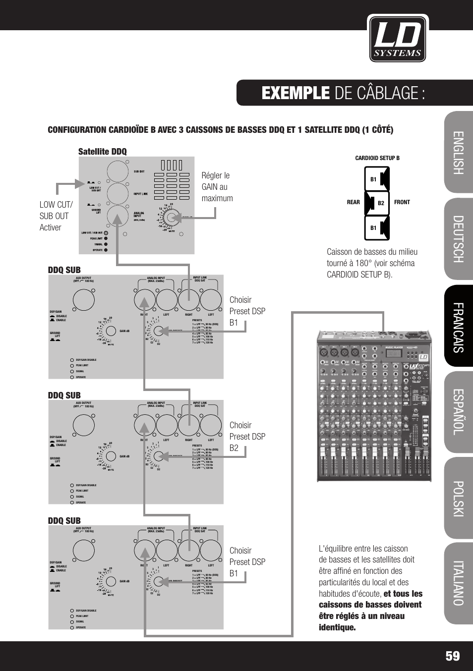 Exemple de câblage, Dd o sub 18, Dsp preset | Left right left, Ground lift, Dsp/gain disable enable, Input link ddq sat | LD Systems DDQ SUB 18 User Manual | Page 59 / 136