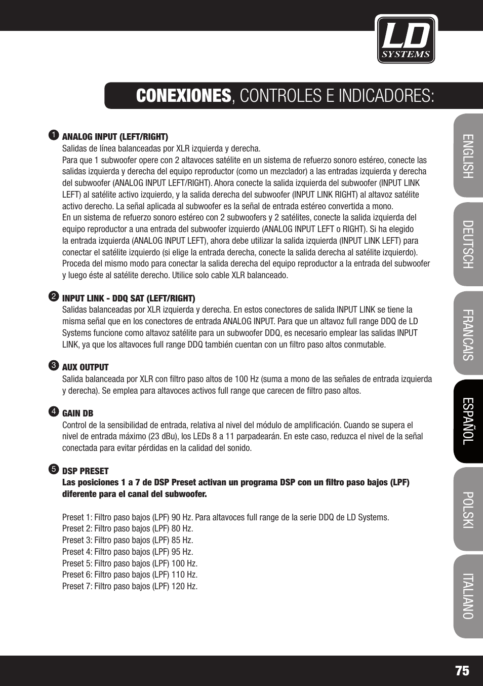 Conexiones , controles e indicadores | LD Systems DDQ SUB 18 User Manual | Page 75 / 136