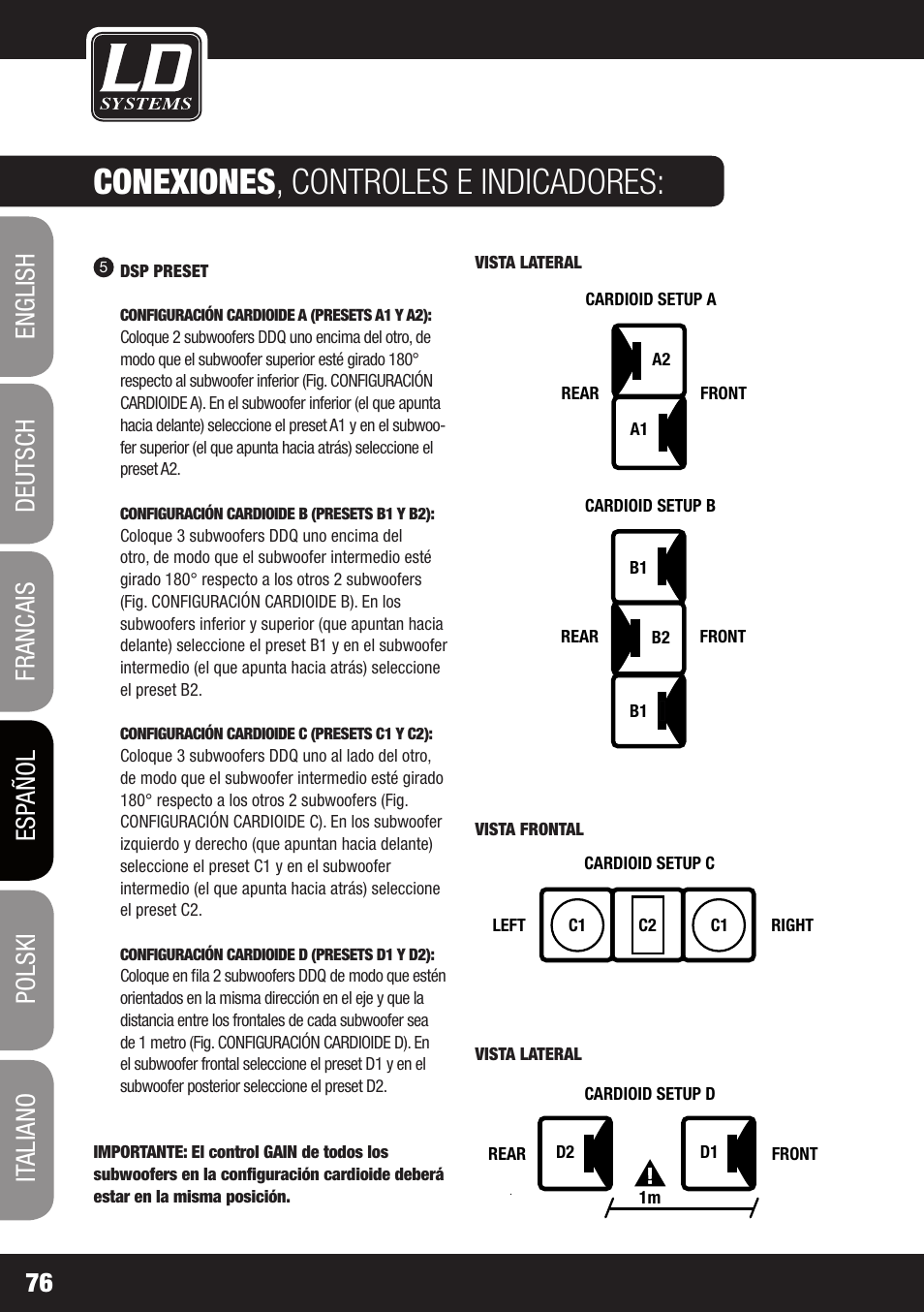 Dd o sub 18, Conexiones , controles e indicadores | LD Systems DDQ SUB 18 User Manual | Page 76 / 136