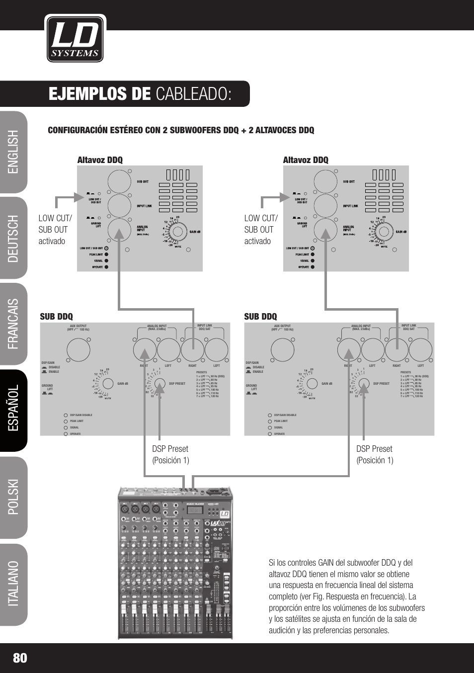 Ejemplos de cableado, Dd o sub 18 | LD Systems DDQ SUB 18 User Manual | Page 80 / 136