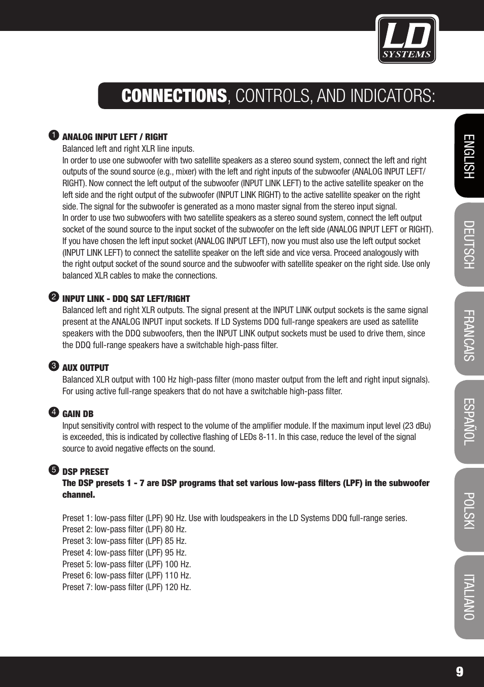 Connections , controls, and indicators | LD Systems DDQ SUB 18 User Manual | Page 9 / 136