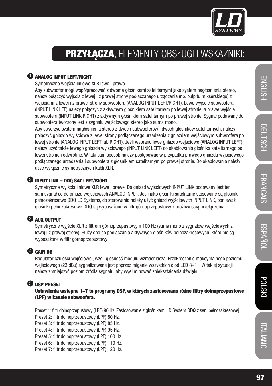 Przyłącza, Elementy obsługi i wskaźniki: przyłącza, Elementy obsługi i wskaźniki | LD Systems DDQ SUB 18 User Manual | Page 97 / 136