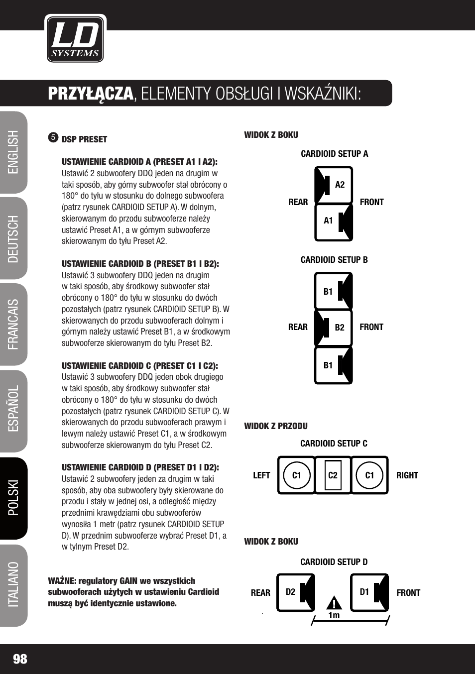 Dd o sub 18, Przyłącza, Elementy obsługi i wskaźniki | LD Systems DDQ SUB 18 User Manual | Page 98 / 136