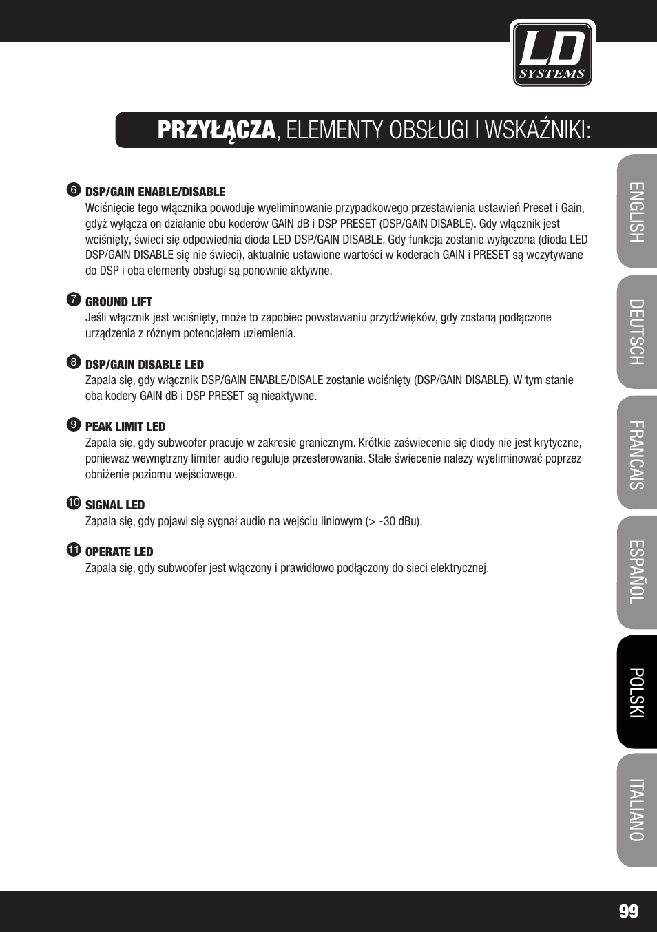 Przyłącza, Elementy obsługi i wskaźniki: przyłącza, Elementy obsługi i wskaźniki | LD Systems DDQ SUB 18 User Manual | Page 99 / 136