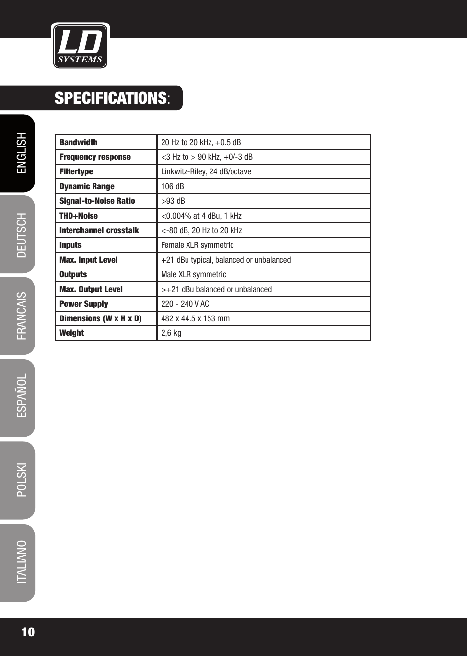 Specifications | LD Systems X 223 User Manual | Page 10 / 76