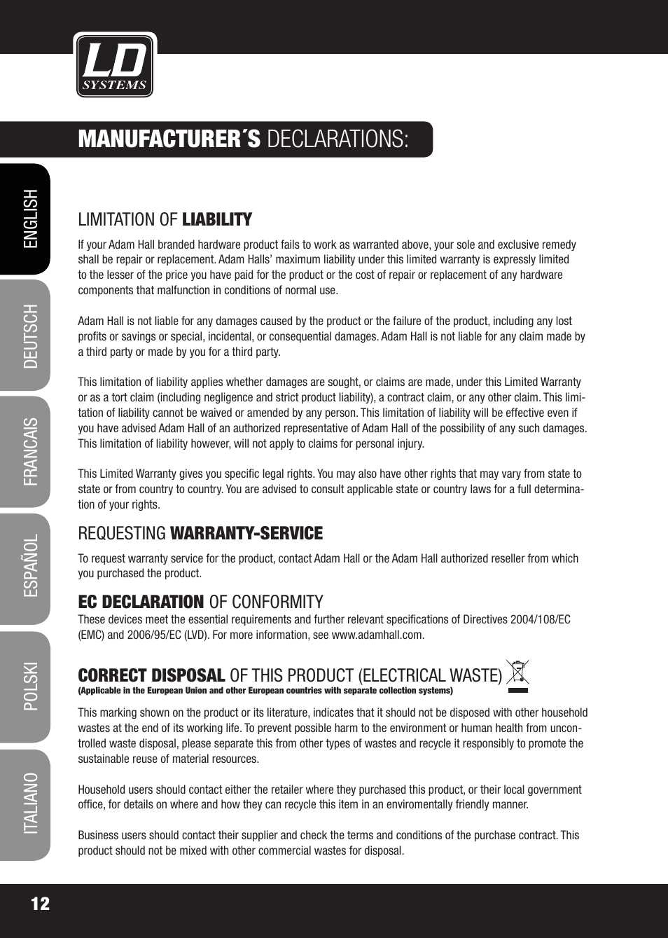 Manufacturer´s declarations | LD Systems X 223 User Manual | Page 12 / 76