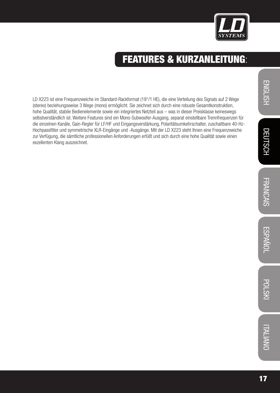 Features & kurzanleitung | LD Systems X 223 User Manual | Page 17 / 76