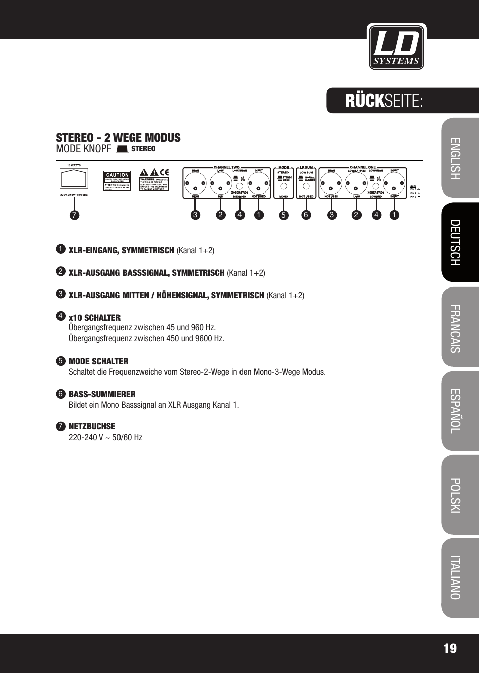 Rück seite, Stereo - 2 wege modus | LD Systems X 223 User Manual | Page 19 / 76