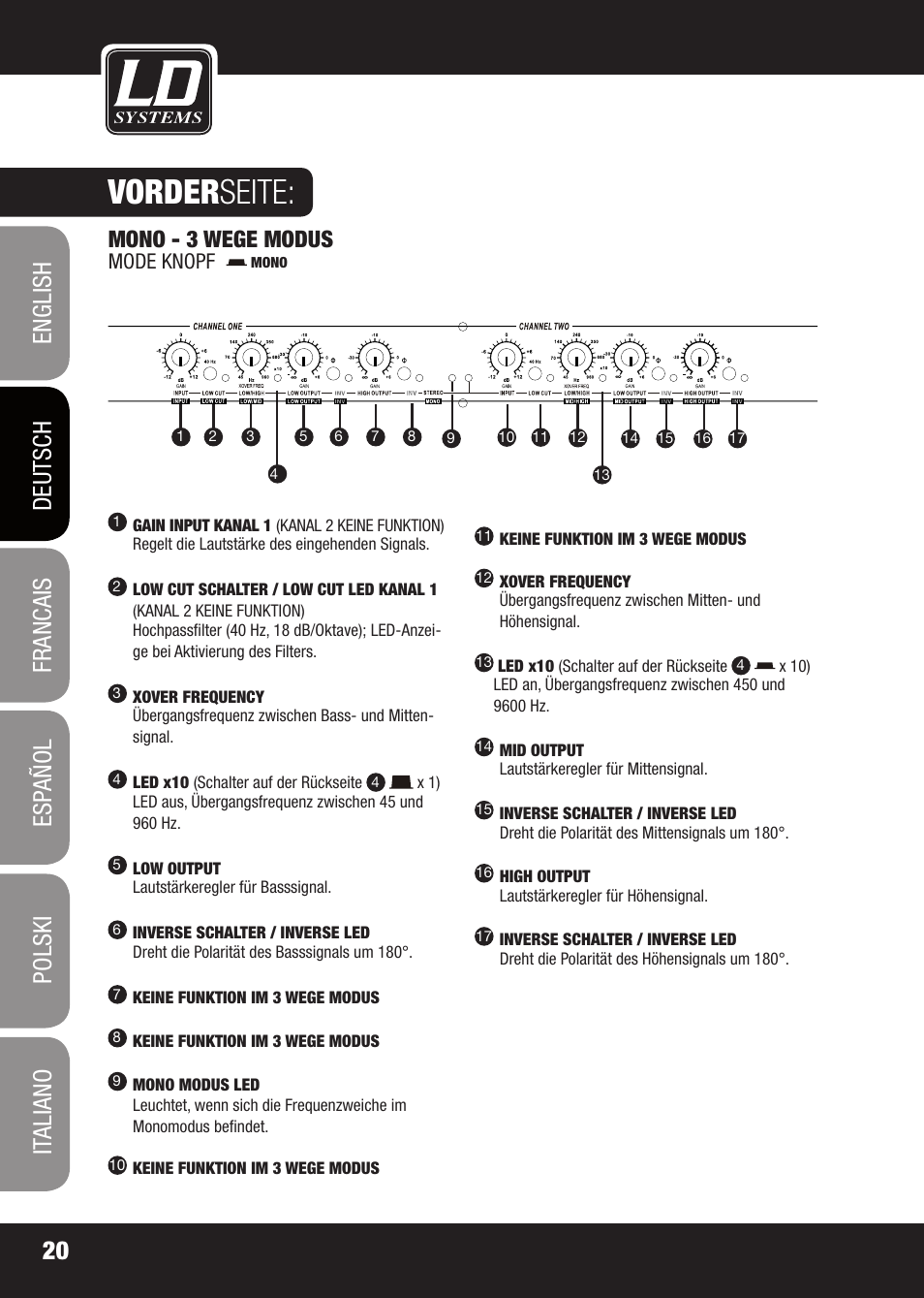 Vorder seite, Mono - 3 wege modus | LD Systems X 223 User Manual | Page 20 / 76