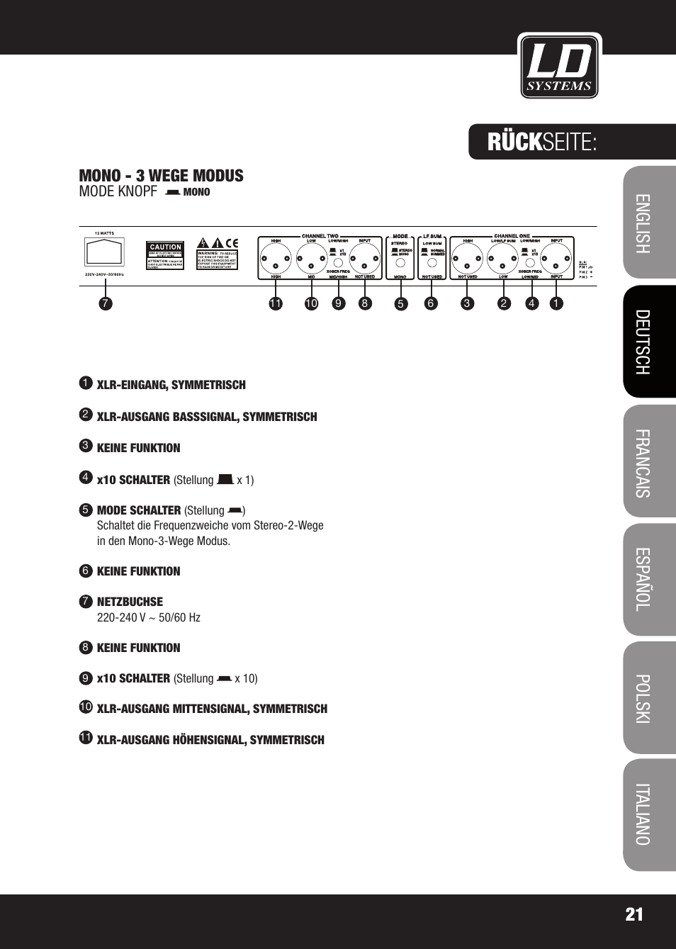 Rück seite, Mono - 3 wege modus | LD Systems X 223 User Manual | Page 21 / 76
