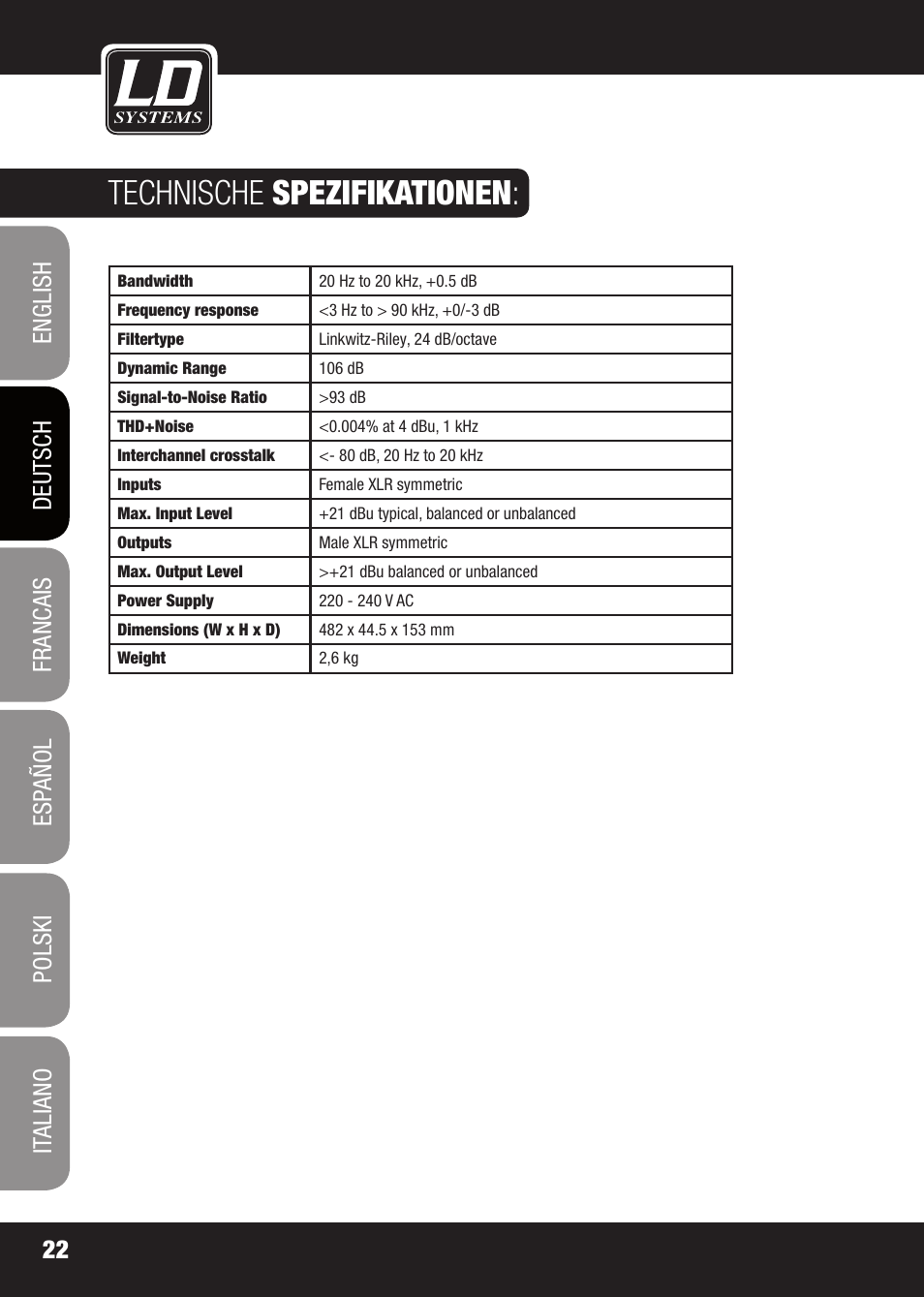 Technische spezifikationen | LD Systems X 223 User Manual | Page 22 / 76