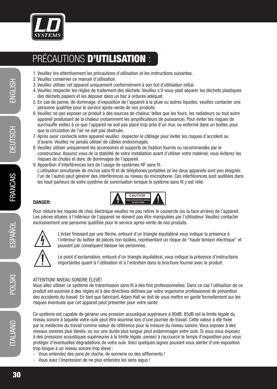 Précautions d’utilisation | LD Systems X 223 User Manual | Page 30 / 76