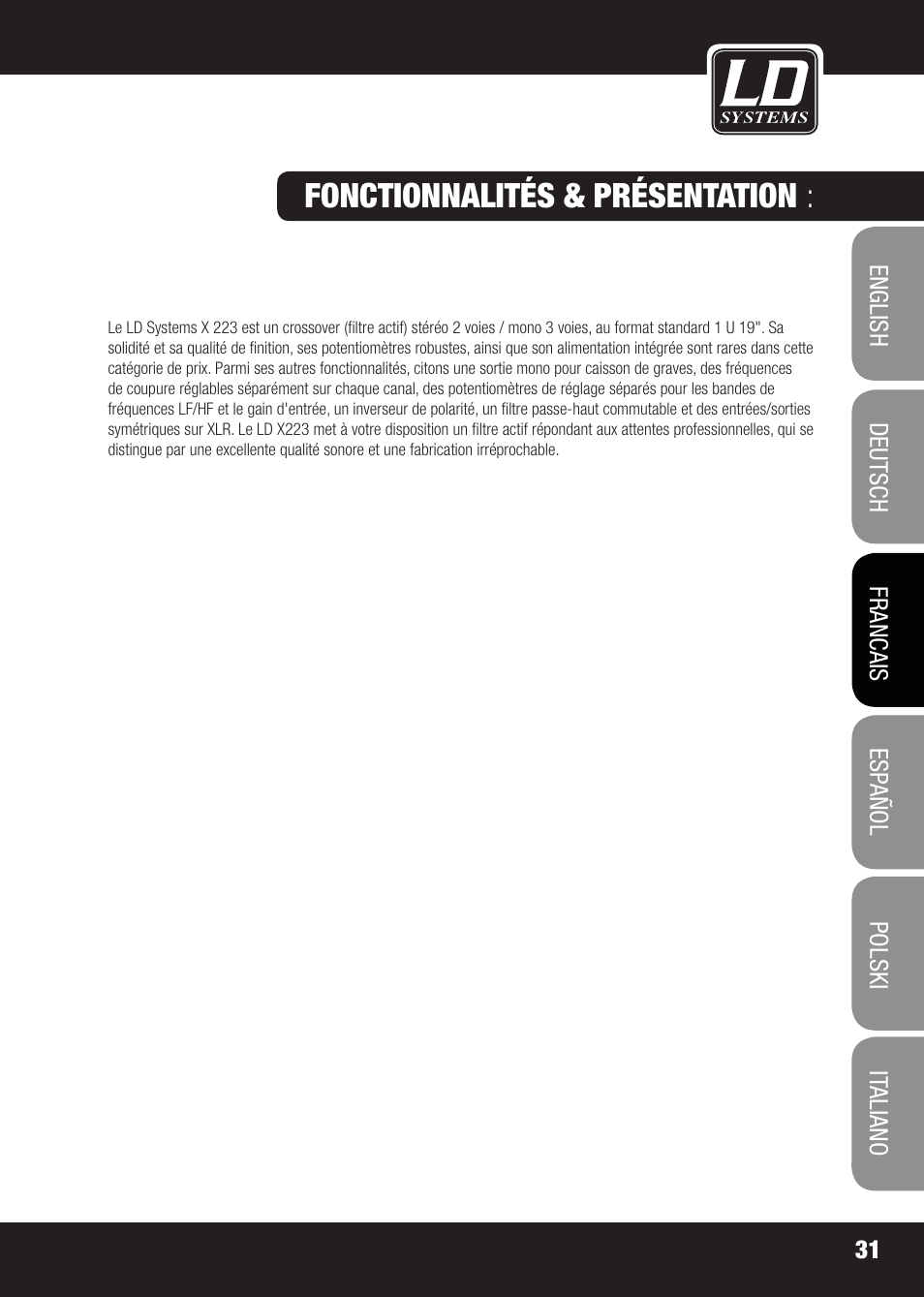 Fonctionnalités & présentation | LD Systems X 223 User Manual | Page 31 / 76