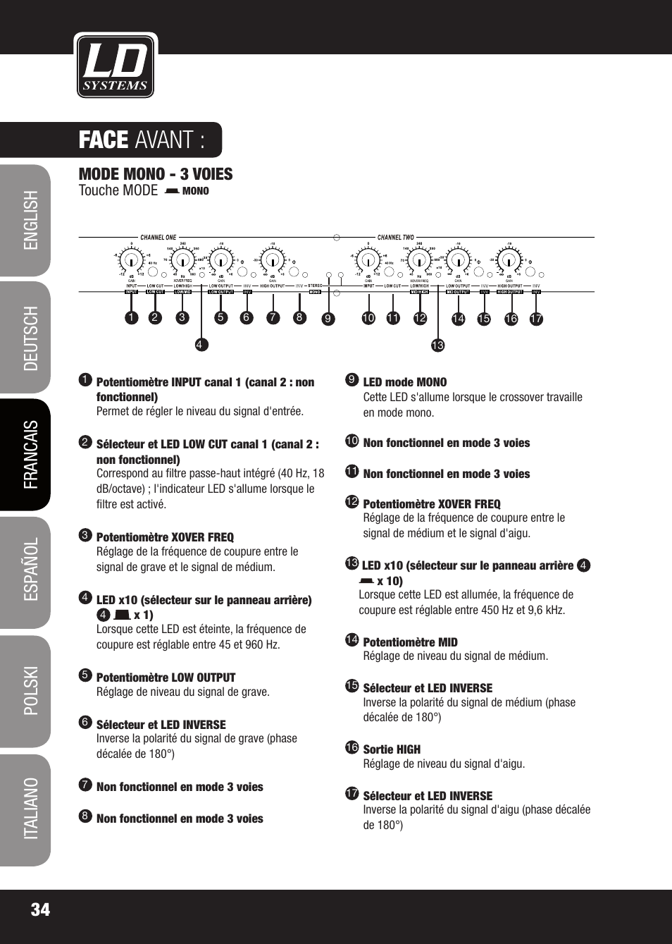 Face avant, Mode mono - 3 voies | LD Systems X 223 User Manual | Page 34 / 76