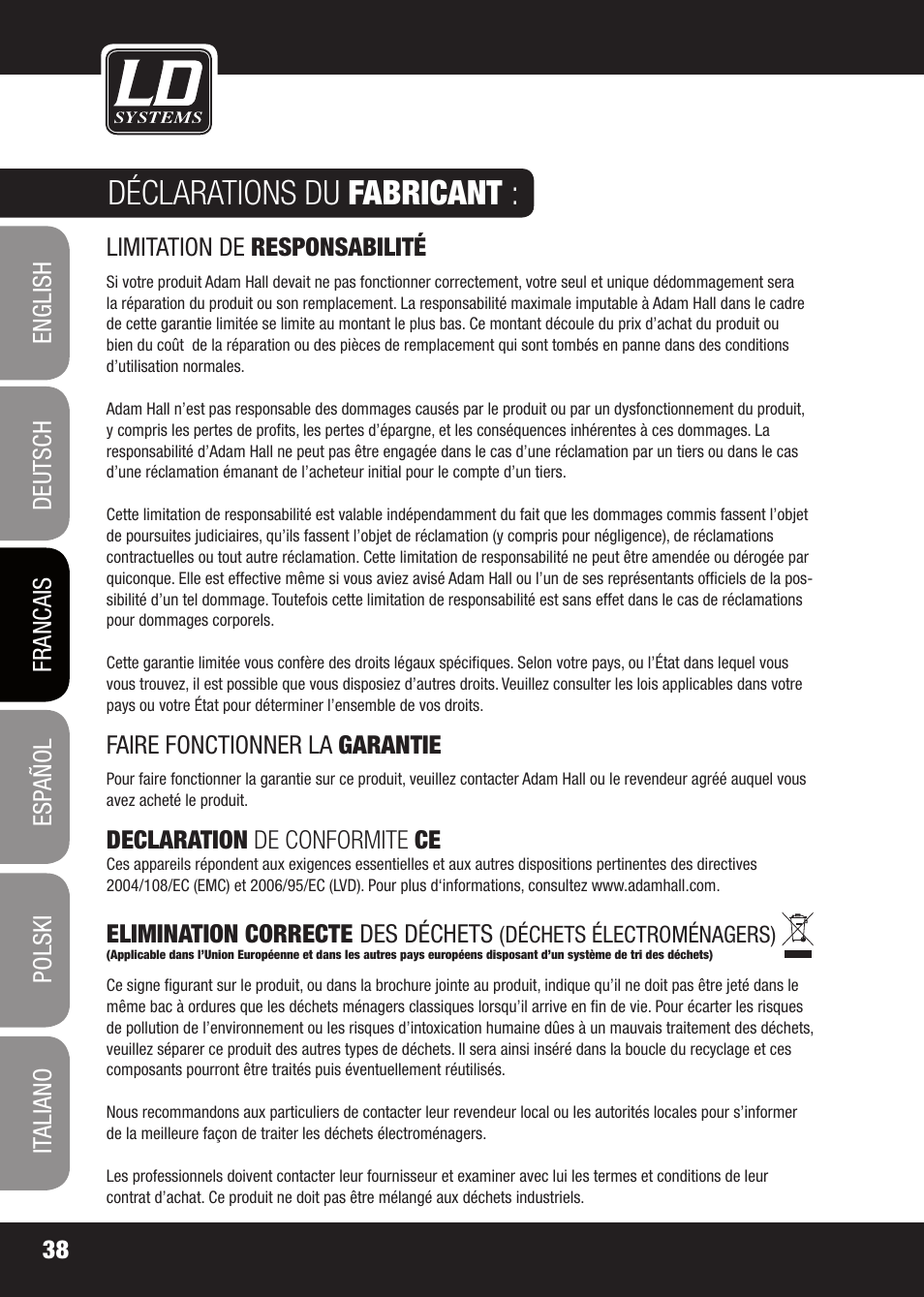 Déclarations du fabricant | LD Systems X 223 User Manual | Page 38 / 76