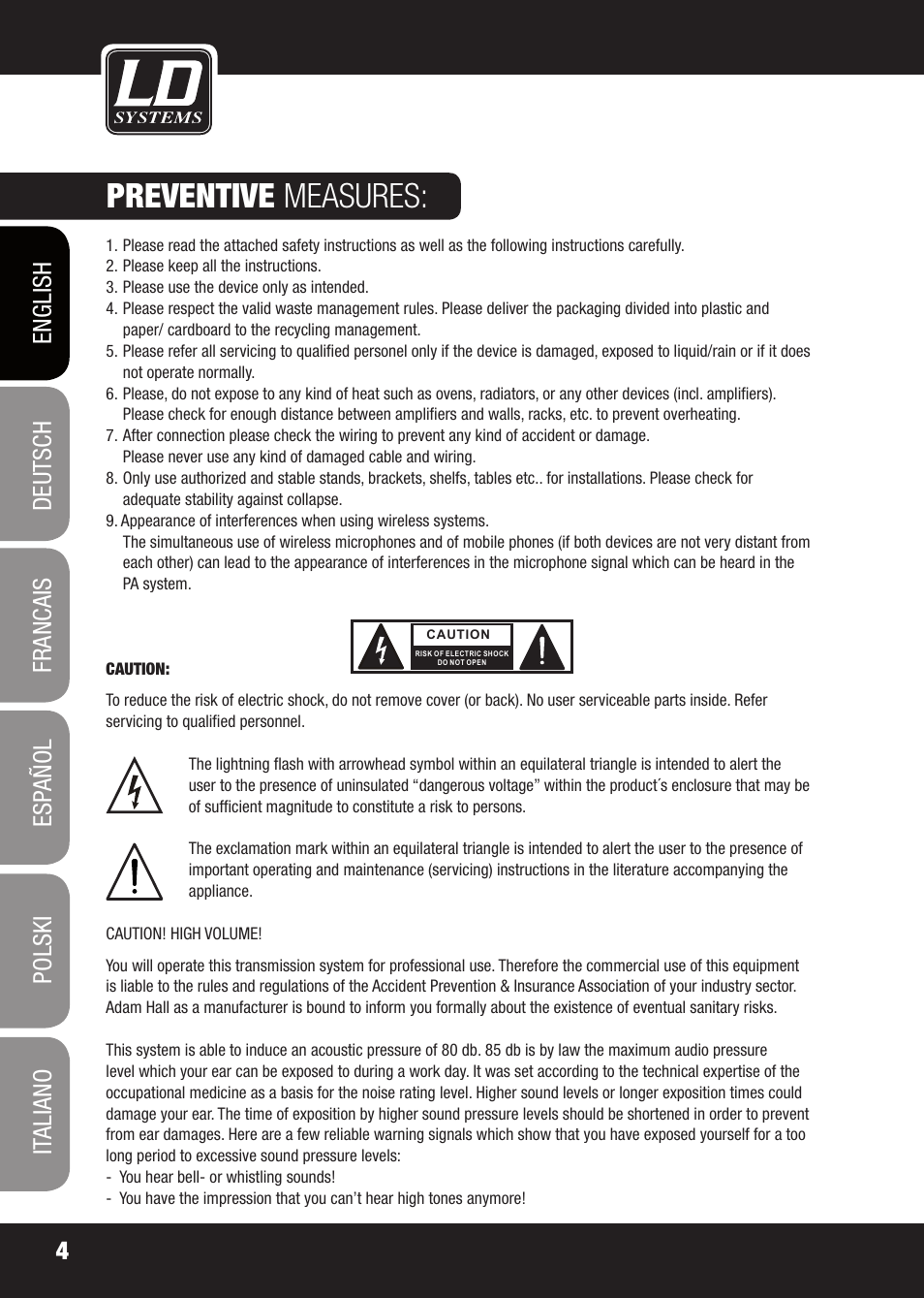 Preventive measures | LD Systems X 223 User Manual | Page 4 / 76