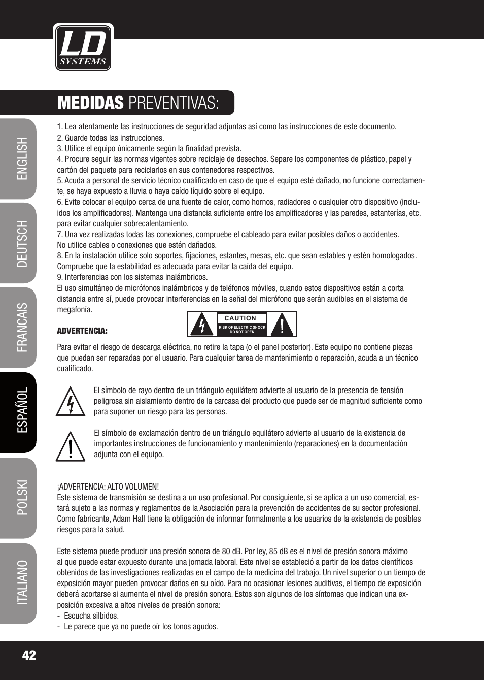 Medidas preventivas | LD Systems X 223 User Manual | Page 42 / 76