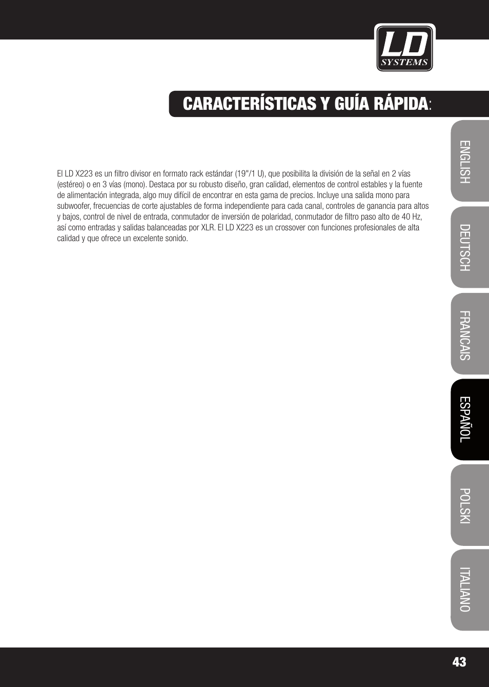 Características y guía rápida | LD Systems X 223 User Manual | Page 43 / 76