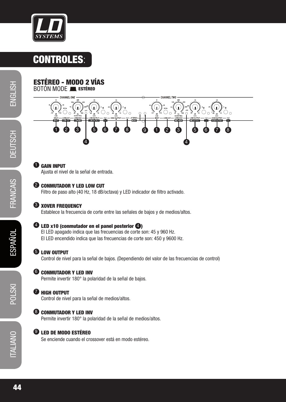 Controles, Estéreo - modo 2 vías | LD Systems X 223 User Manual | Page 44 / 76