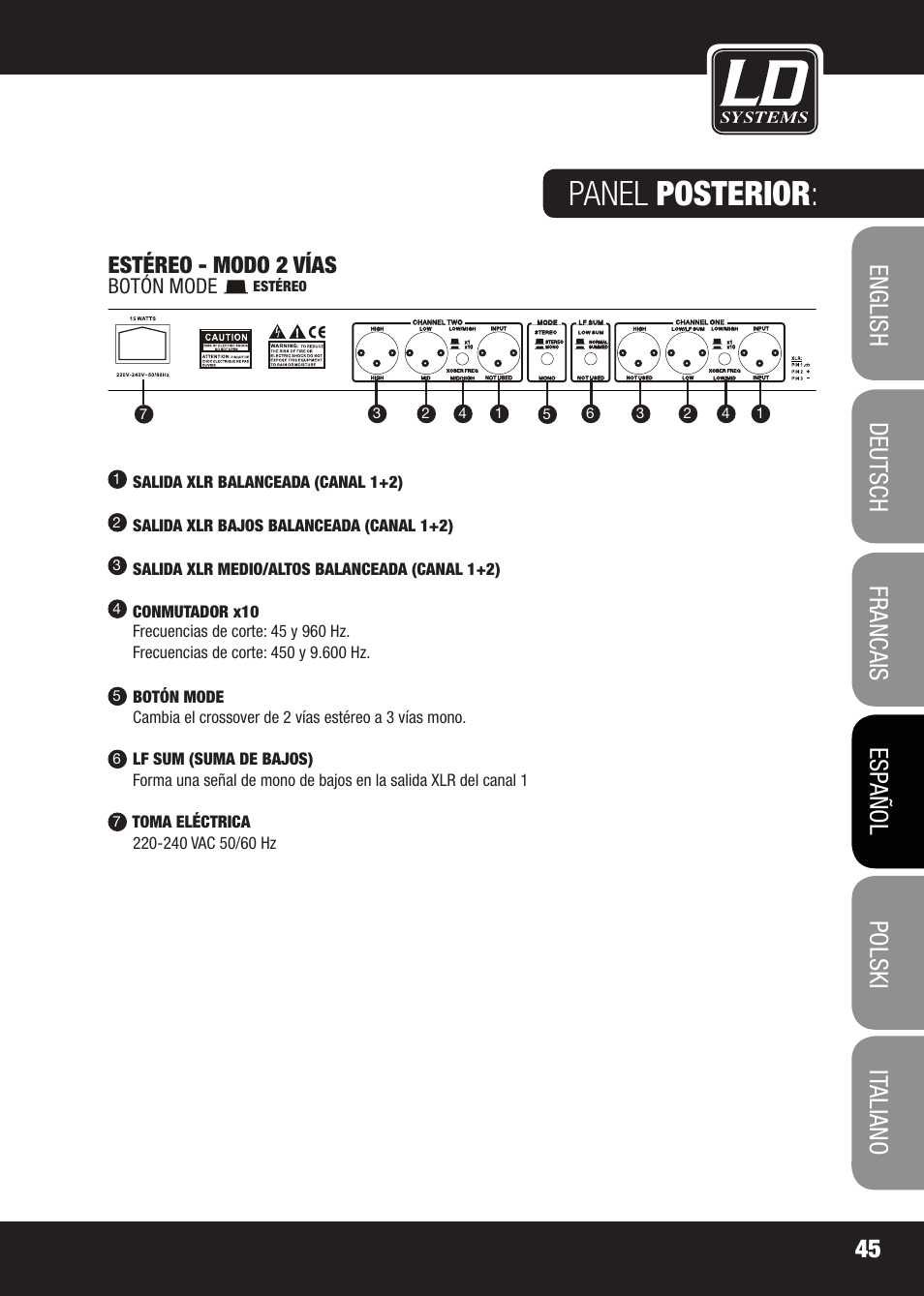 Panel posterior, Estéreo - modo 2 vías | LD Systems X 223 User Manual | Page 45 / 76
