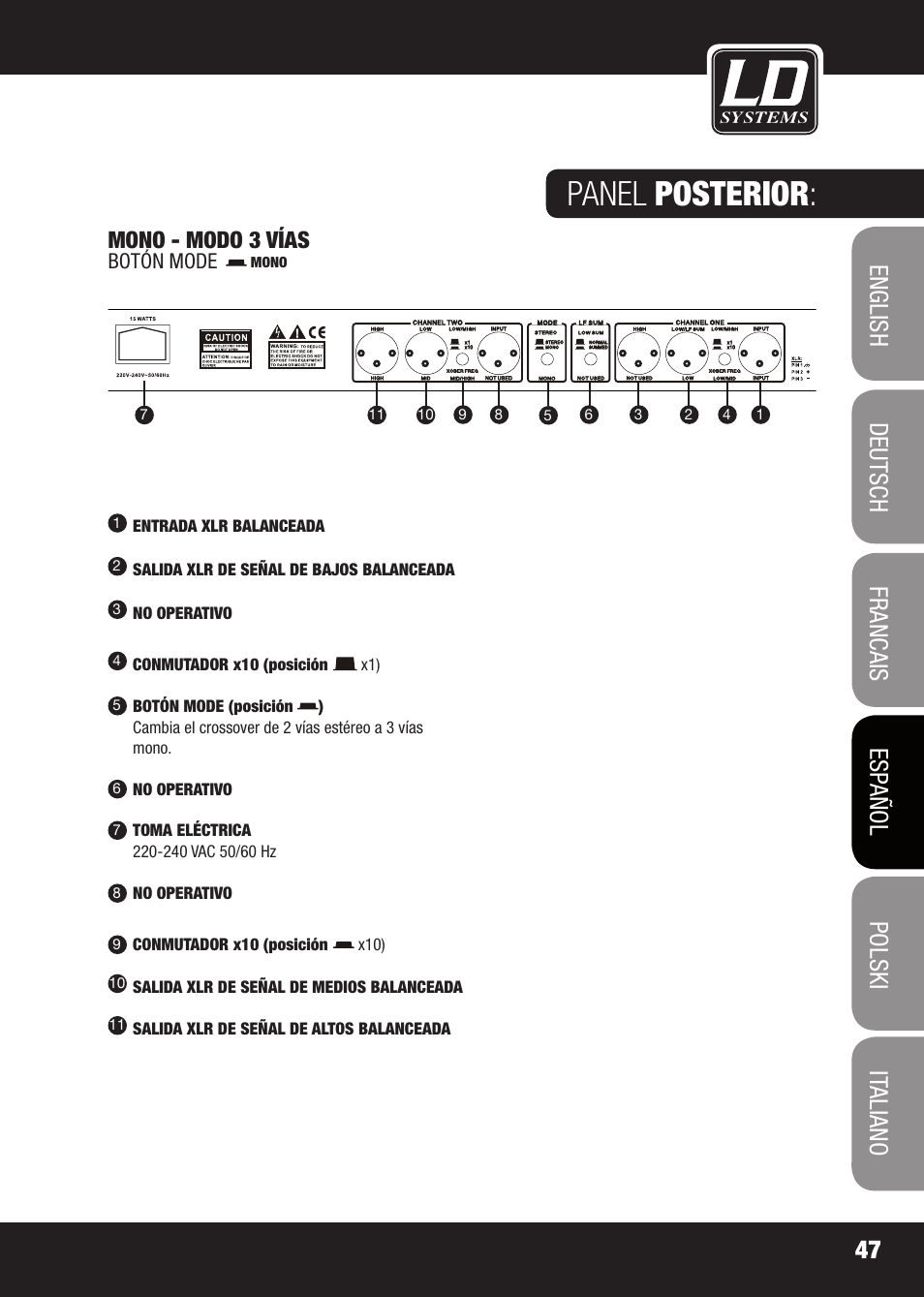 Panel posterior, Mono - modo 3 vías | LD Systems X 223 User Manual | Page 47 / 76