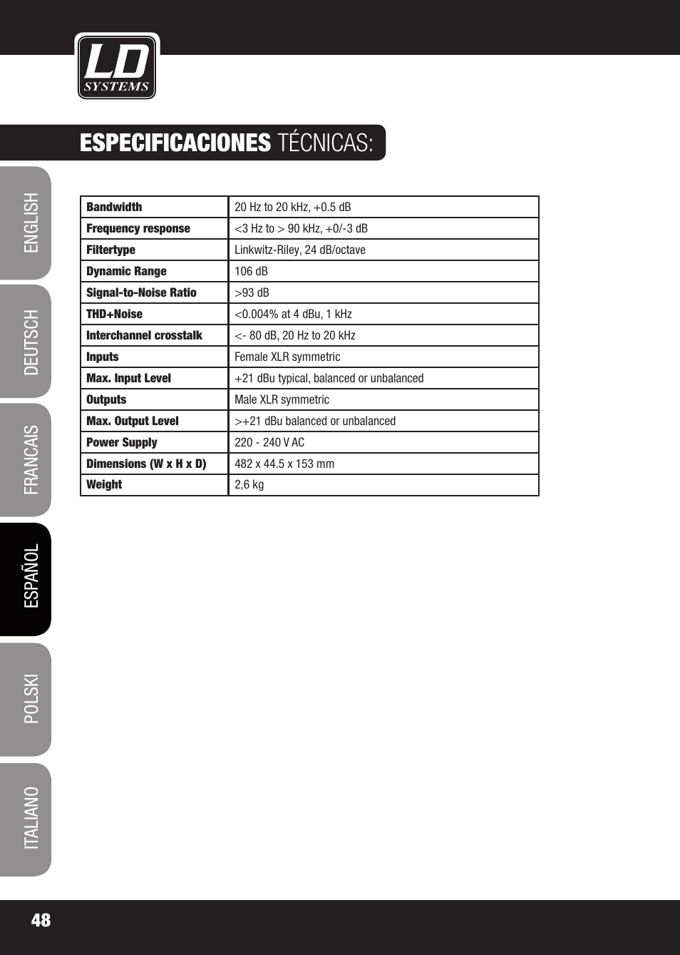 Especificaciones técnicas | LD Systems X 223 User Manual | Page 48 / 76