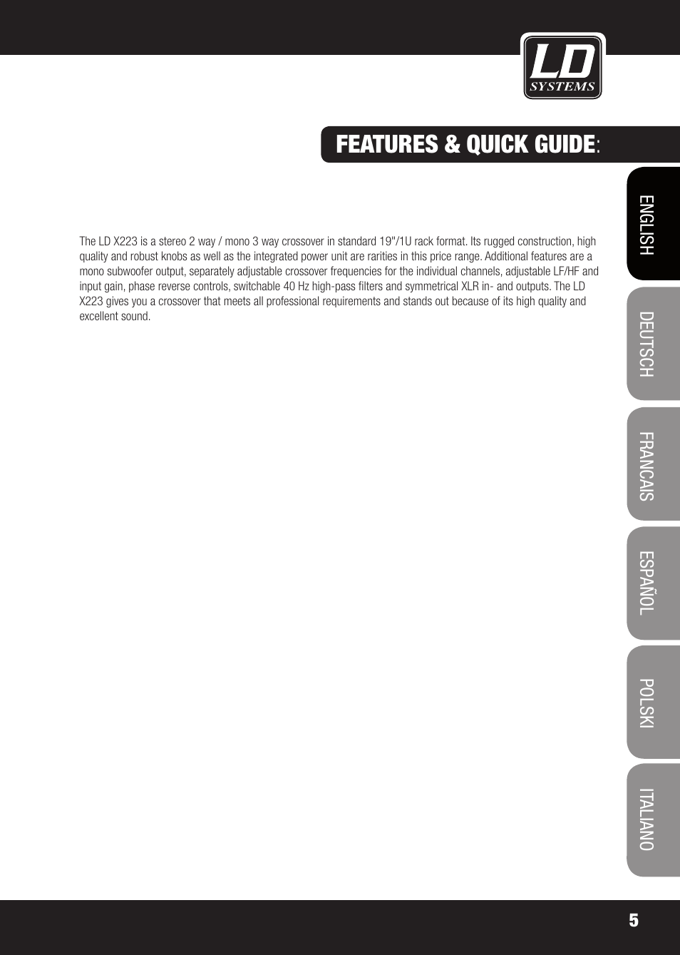 Features & quick guide | LD Systems X 223 User Manual | Page 5 / 76