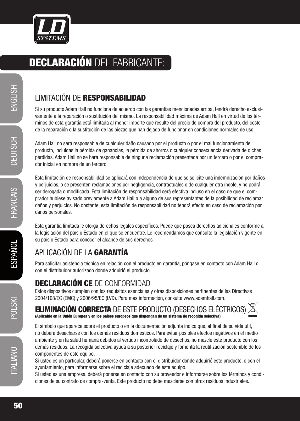 Declaración del fabricante | LD Systems X 223 User Manual | Page 50 / 76