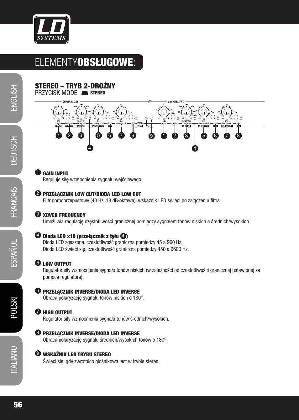 Elementy obsługowe, Stereo – tryb 2-drożny | LD Systems X 223 User Manual | Page 56 / 76