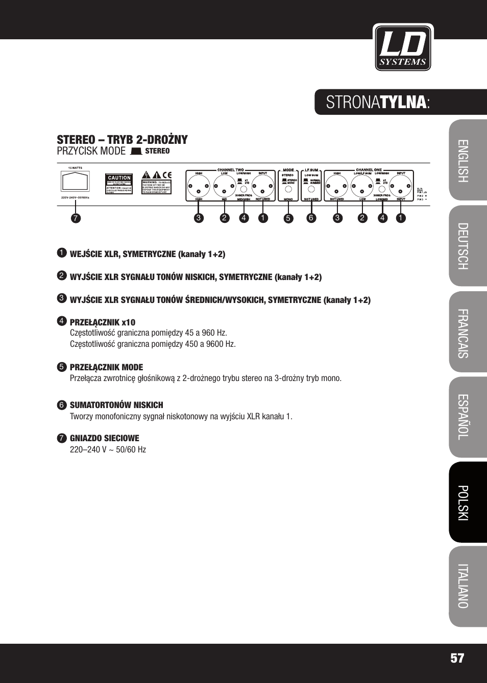 Strona tylna, Stereo – tryb 2-drożny | LD Systems X 223 User Manual | Page 57 / 76
