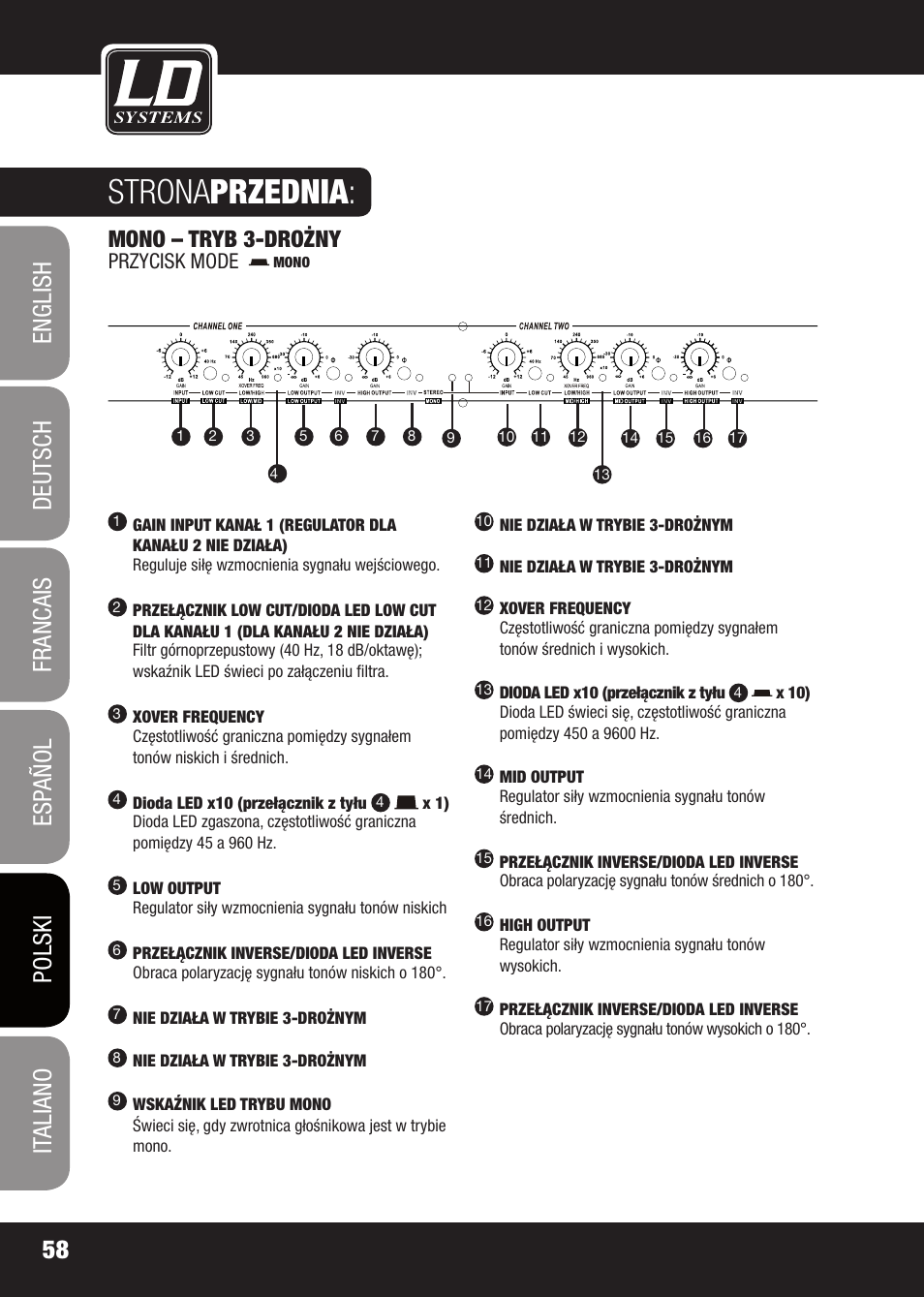 Strona przednia, Mono – tryb 3-drożny | LD Systems X 223 User Manual | Page 58 / 76