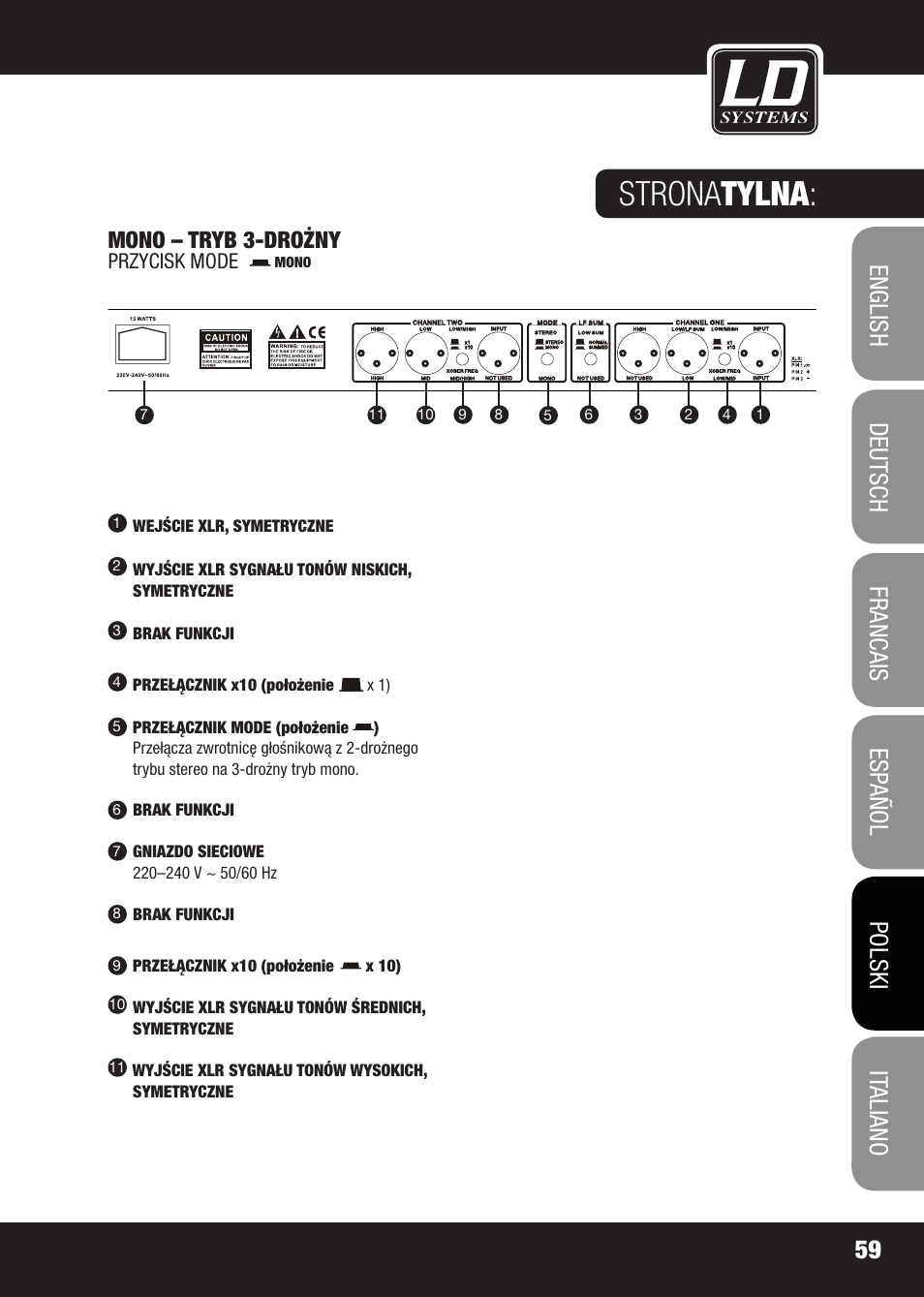 Strona tylna, Mono – tryb 3-drożny | LD Systems X 223 User Manual | Page 59 / 76