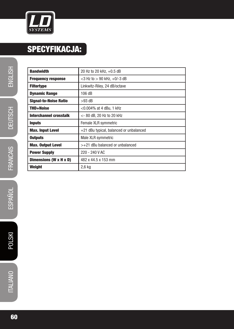 Specyfikacja | LD Systems X 223 User Manual | Page 60 / 76