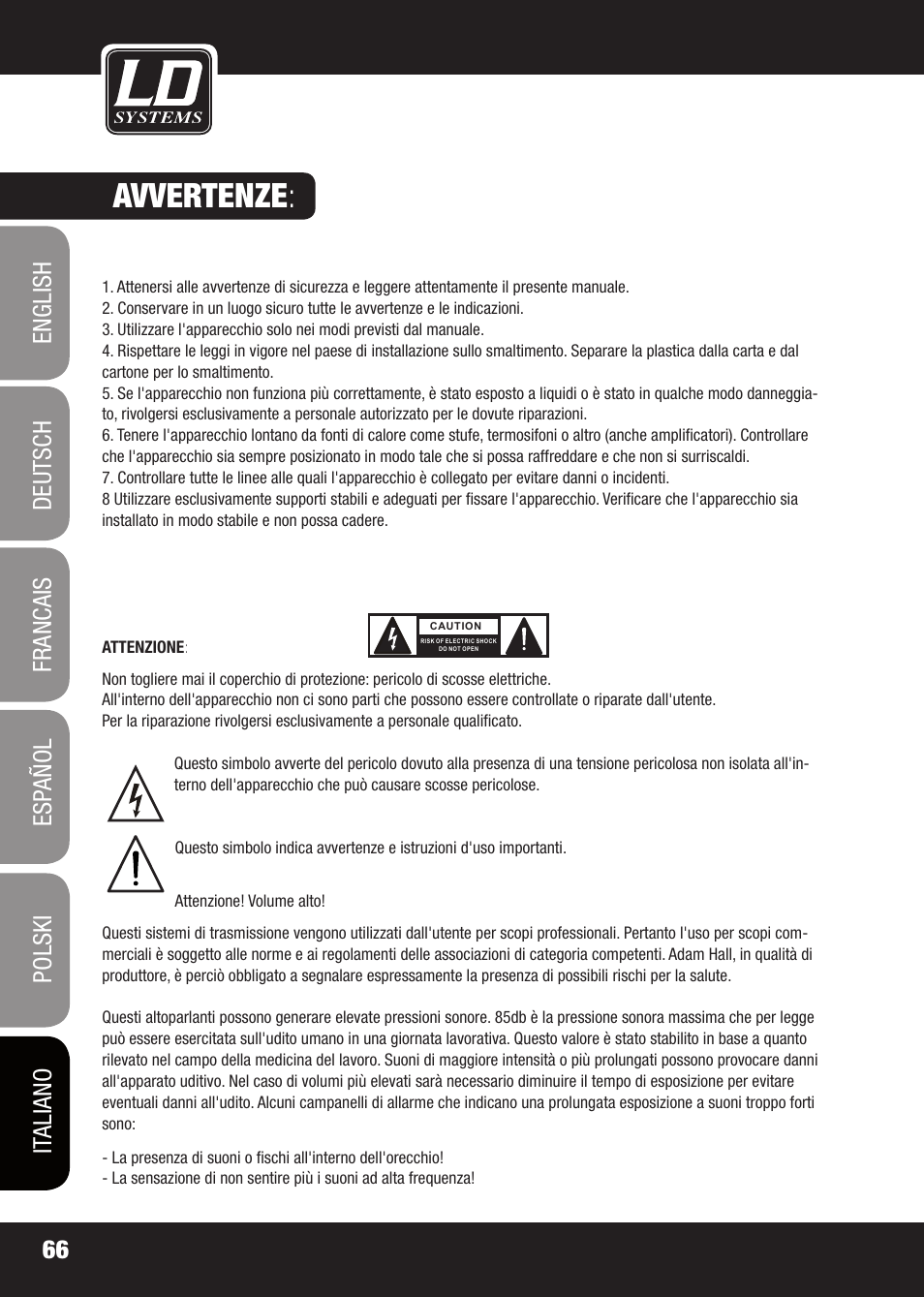 Avvertenze | LD Systems X 223 User Manual | Page 66 / 76