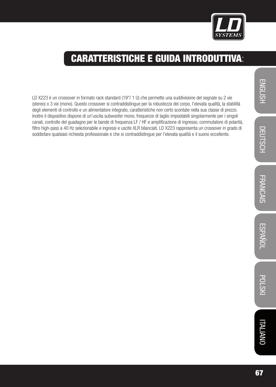 Caratteristiche e guida introduttiva | LD Systems X 223 User Manual | Page 67 / 76