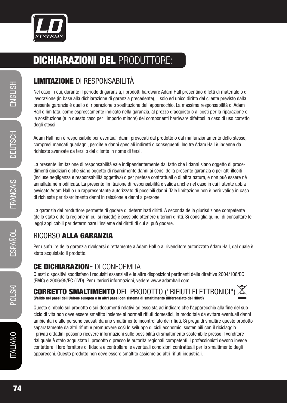 Dichiarazioni del produttore | LD Systems X 223 User Manual | Page 74 / 76