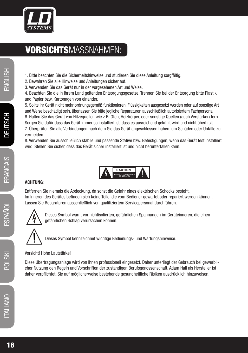 Vorsichts massnahmen | LD Systems DS 21 User Manual | Page 16 / 76